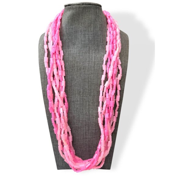 Hong Kong Jewelry - Vintage 8-Strand Pink Acrylic Necklace Fold Over Clasp 26" Made In Hong Kong Mid